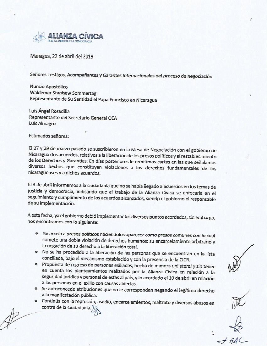 Presentamos carta a Testigos, Acompañantes y Garantes Internacionales -  Alianza Cívica por la Justicia y la Democracia de Nicaragua